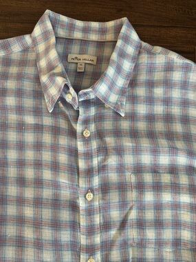 Peter Millar Shirt Mens XL Blue Pink Linen Button Up Relaxed Loose